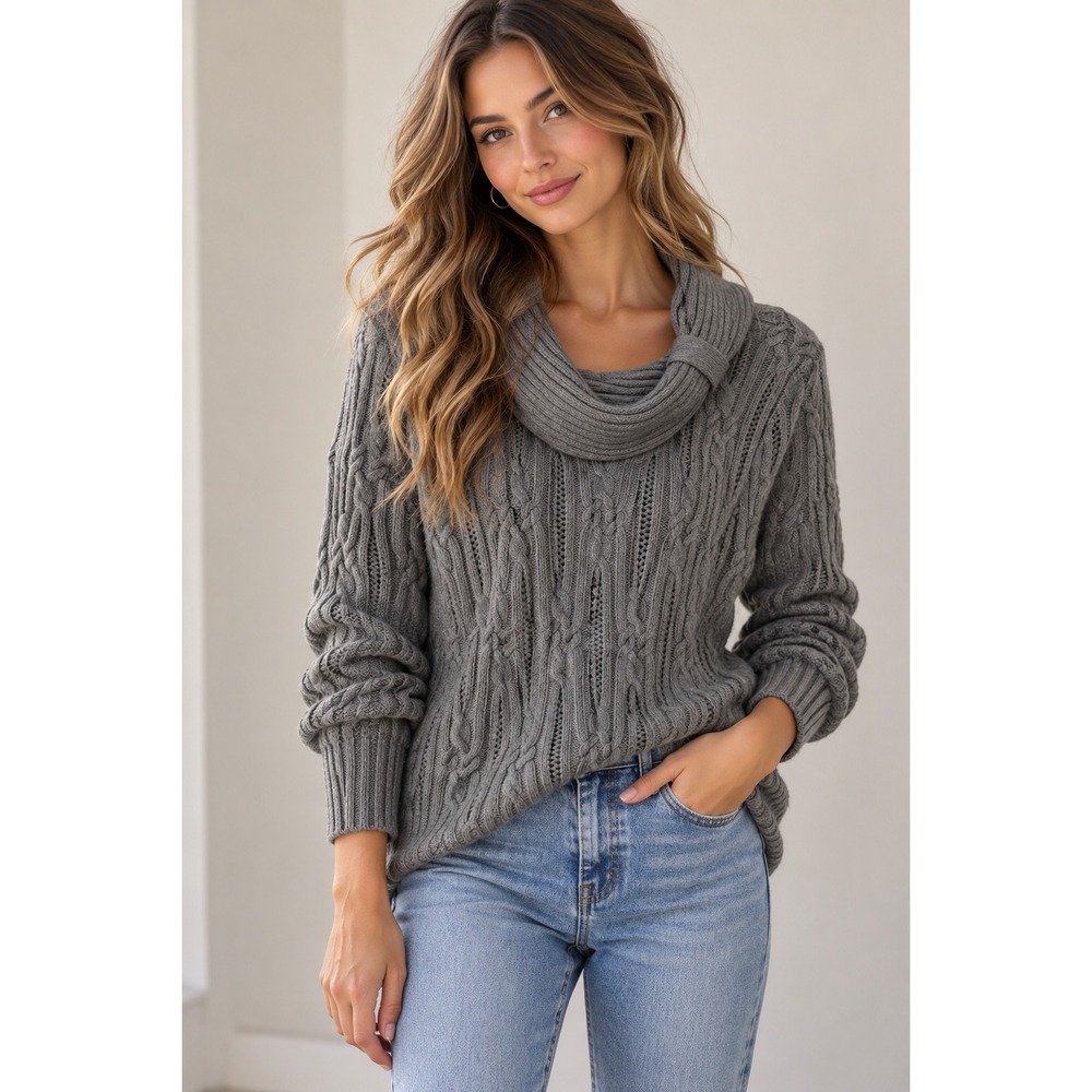 White House Black Market Gray Cable Knit Cowl Neck Sweater Fisherman Size L